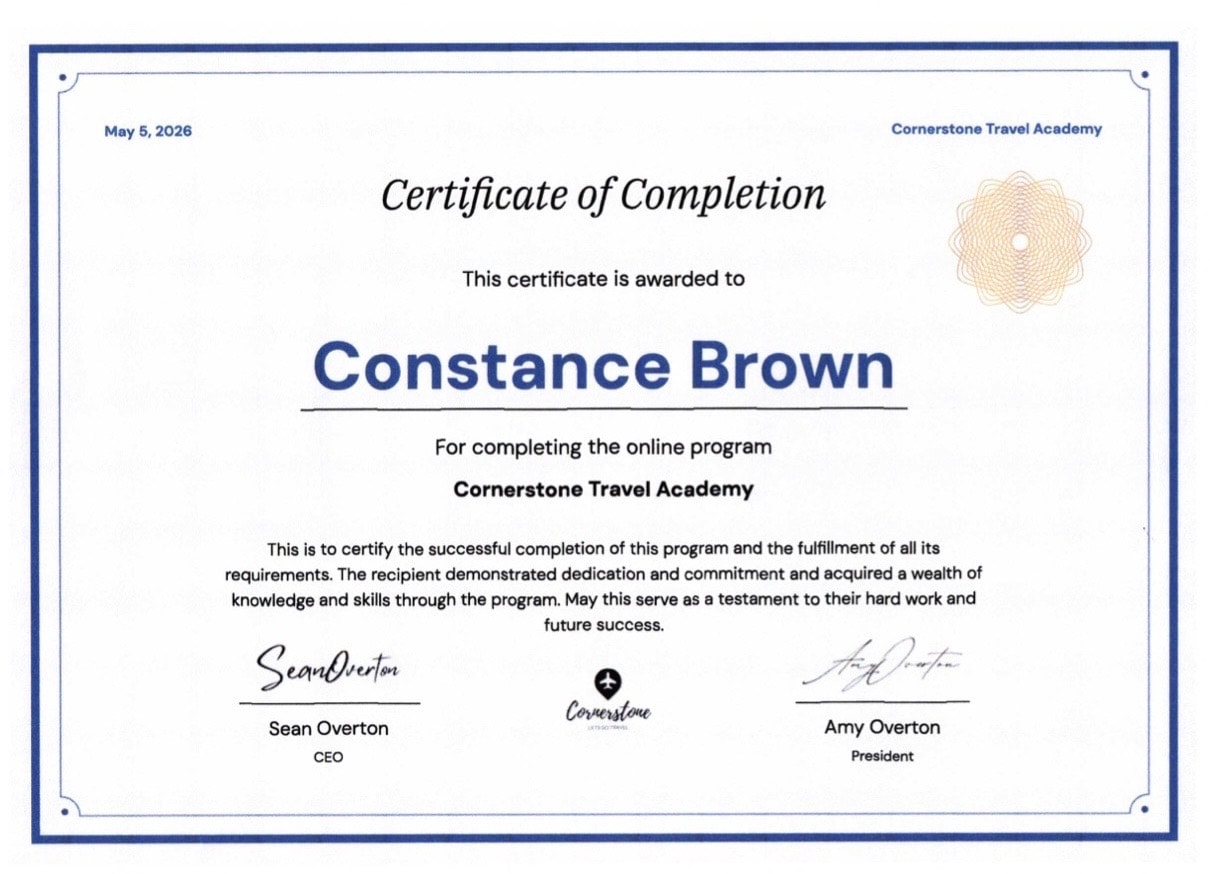 Cornerstone Certification certificate — Cornerstone / Lets Go Travel