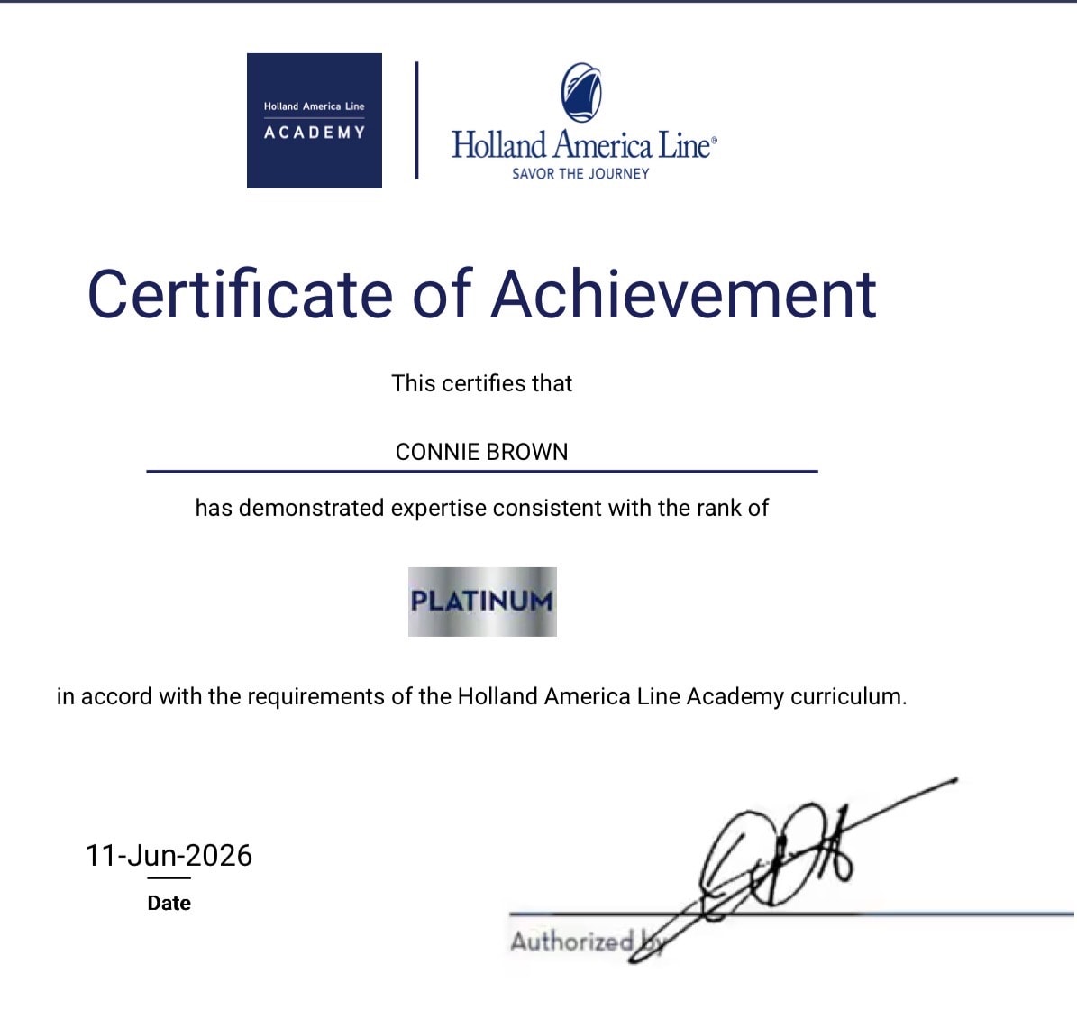 Platinum Certification certificate — Holland America Line