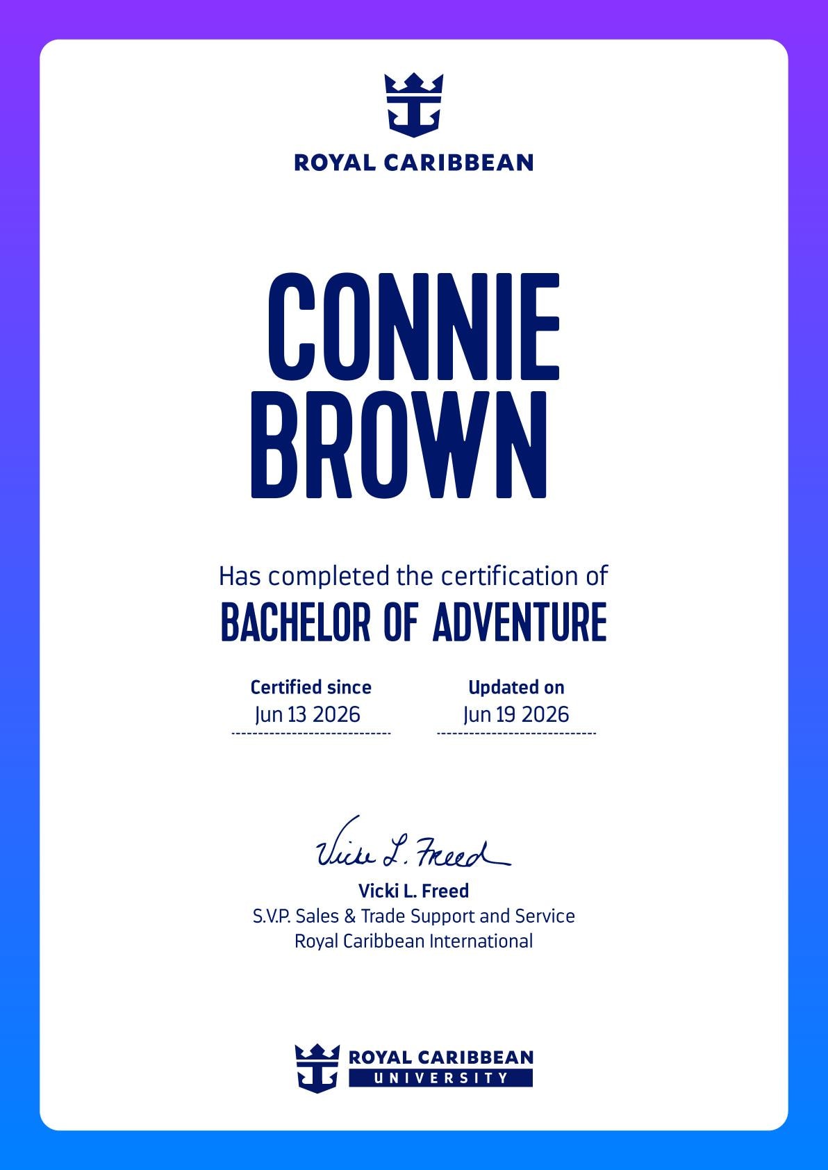 Bachelor of Adventure certificate — Royal Caribbean
