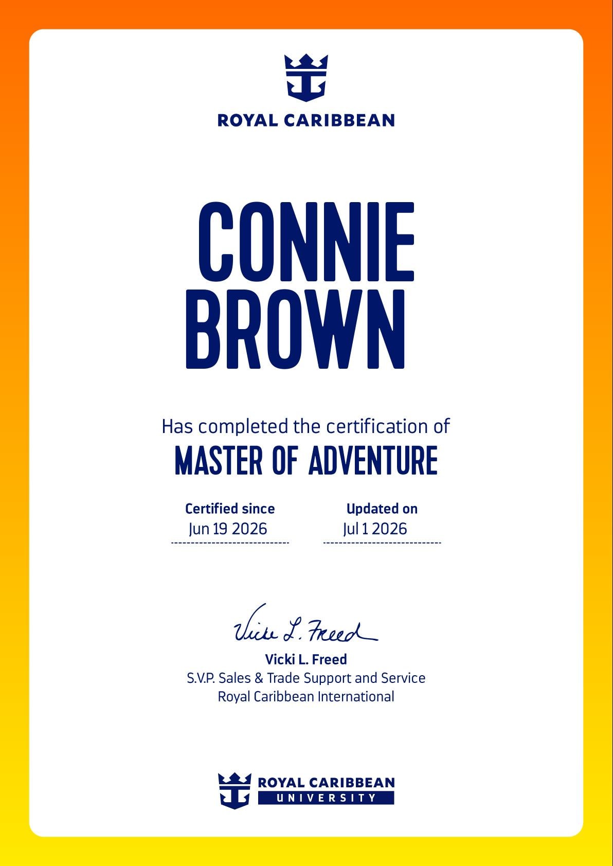 Master of Adventure certificate — Royal Caribbean