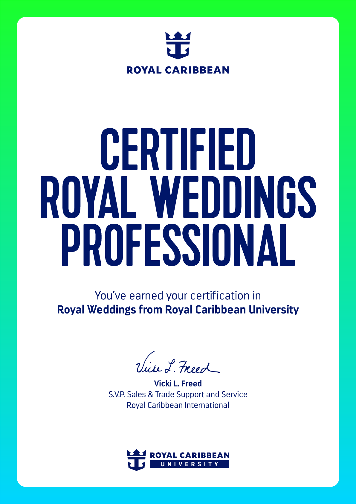Certified Royal Weddings Professional certificate — Royal Caribbean